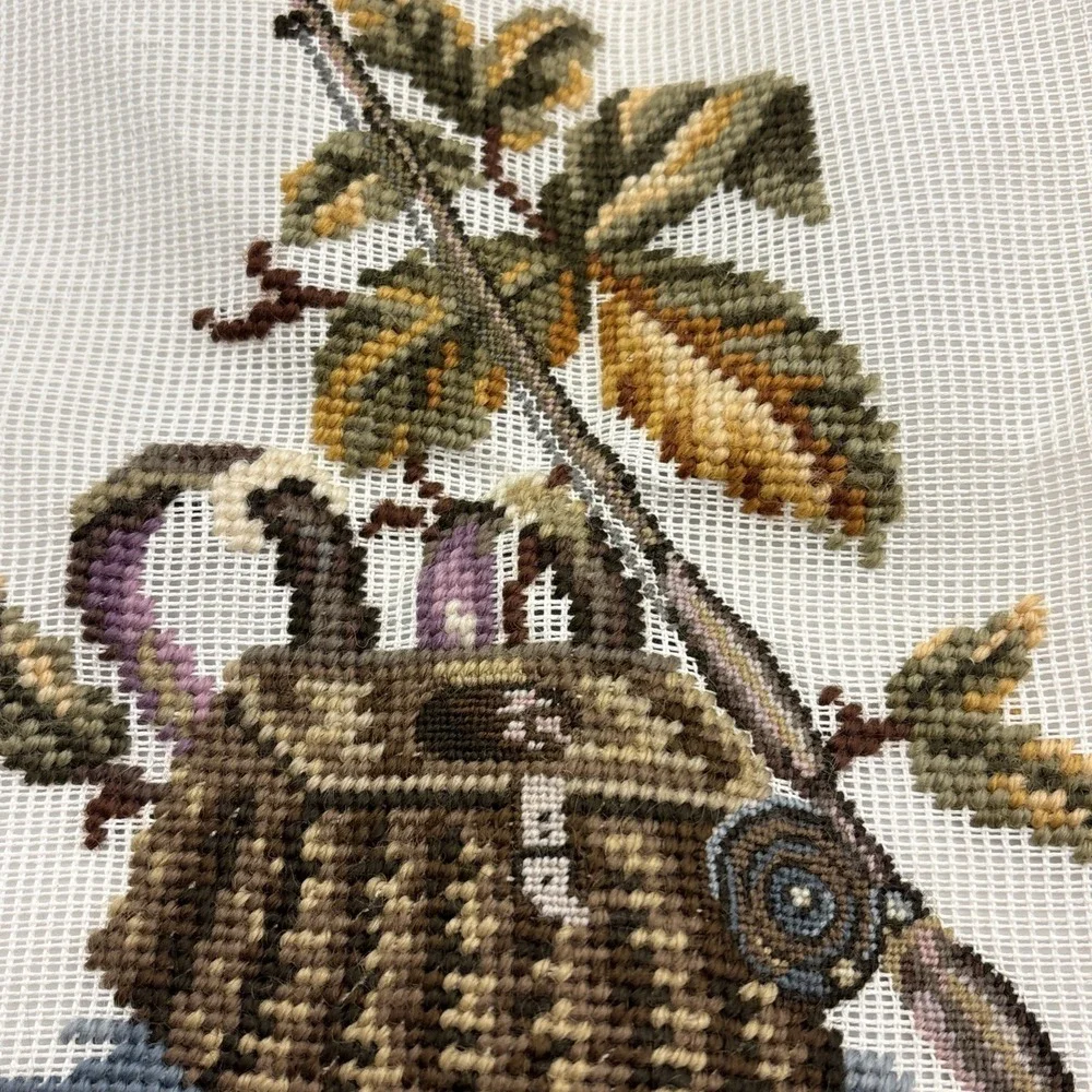 Vintage needlepoint embroidery fishing tackle hunting quail unfinished